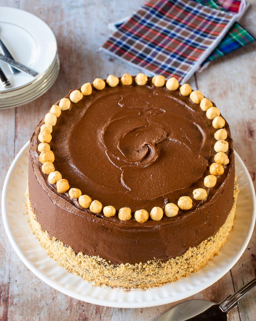 A whole chocolate nutella 4-layer cake on a white plate.
