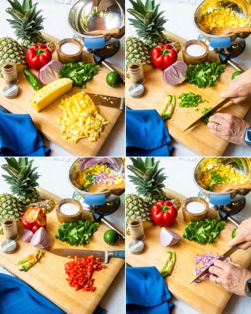 Four images showing hands cutting ingredients for pineapple salsa - pineapple, Jalapeño pepper, red pepper, red onion.