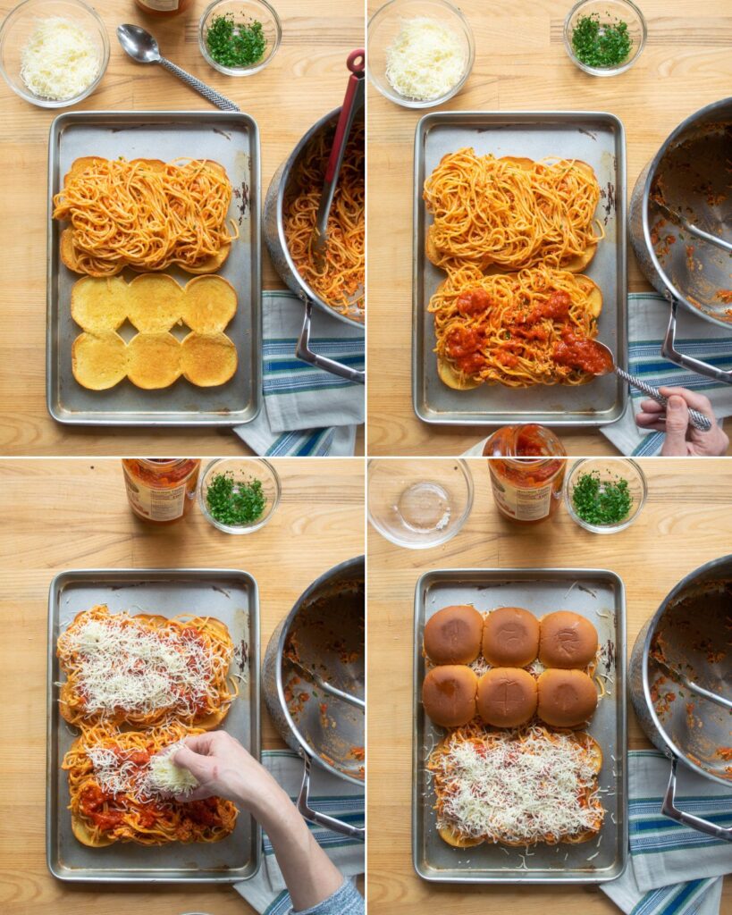 Four images showing how to assemble spaghetti sliders.