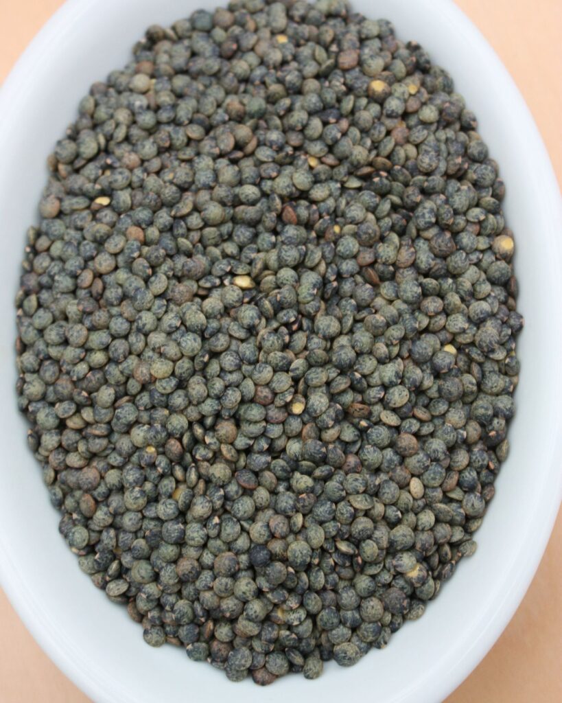 A white bowl of Puy lentils.